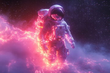 Wall Mural - An astronaut surrounded by vibrant cosmic energy and clouds in a space-themed scene.