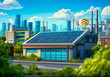 © Atmospheric stock - Sustainable energy: solar-powered industrial facility with urban skyline and blue sky