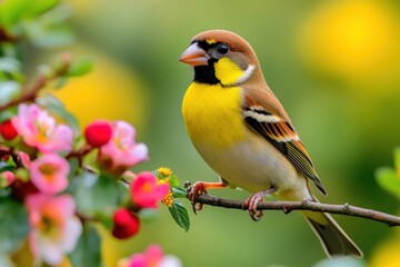 Poster - Small bird perches on a branch with flowers.