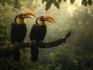 Poster - Two toucans perched on branch, rainforest background.