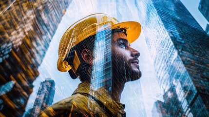 Poster - Young man in helmet with layered city.