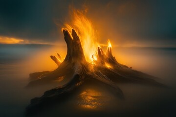 Poster - Fiery driftwood burning on shore, glowing.