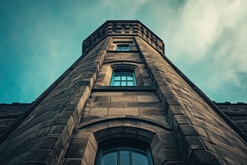 Poster - Low angle shot of a stone tower with windows against a sky.