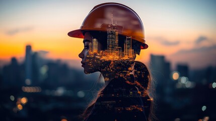 Poster - Female worker profile with city skyline overlay, sunset background.