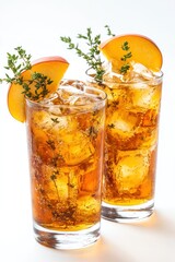Poster - Two iced drinks with peach slices and thyme.