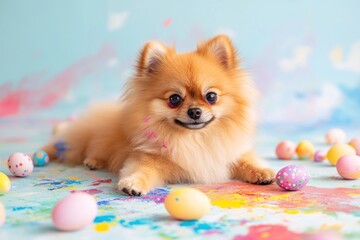 Poster - Pomeranian dog with Easter eggs on paint splattered background.