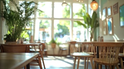 Poster - Blurred restaurant interior, natural light, potted plants, wooden tables.