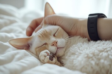 Wall Mural - Hand petting sleeping, light orange cat on white bed.