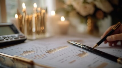 Poster - Hand writing on financial chart with candles.