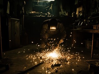 Poster - Welder sparks metal in dark workshop.