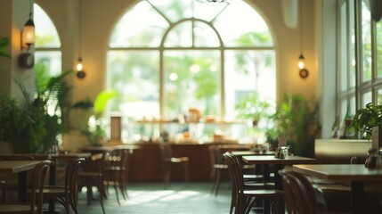 Aufkleber - Blurred indoor cafe interior with tables, chairs, and plants.