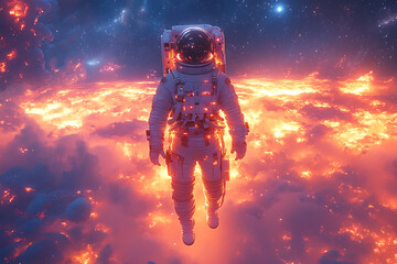 Wall Mural - An astronaut floats above a fiery, molten landscape in a cosmic setting.