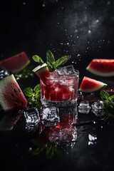 Poster - Watermelon cocktail with ice, mint and dark background.