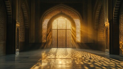 Aufkleber - Interior with sunlight streaming through ornate, arched doorway.