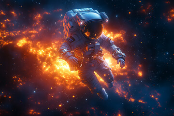 Wall Mural - An astronaut floats in a vibrant cosmic scene filled with fiery colors and stars.