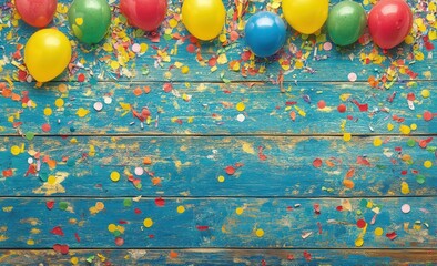 Poster - Balloons, confetti over blue wooden planks.