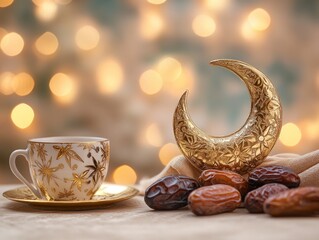 Aufkleber - Dates, crescent moon, and patterned teacup on table with bokeh lights.