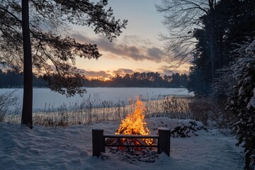 Poster - Winter sunset scene with bonfire by frozen lake.