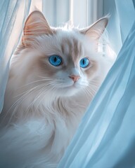 Wall Mural - Ragdoll cat with blue eyes, white fur, peeking through light curtains.