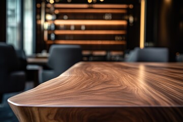 Poster - Close-up of a wooden table with blurred restaurant background.