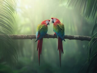 Poster - Pair of macaws perched on branch in jungle, facing each other.