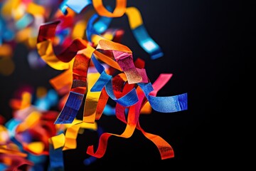 Poster - Multicolored confetti ribbons falling against black background.