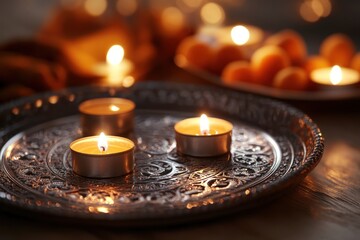 Poster - Three lit candles on decorative silver tray, blurry background.