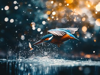 Poster - Kingfisher bird hunting a fish, water droplets, bokeh lights.