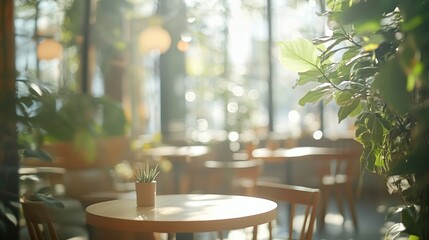 Poster - Cozy indoor cafe with plants and bokeh.