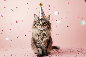 Wall Mural - Tabby cat wearing a party hat, confetti falling.