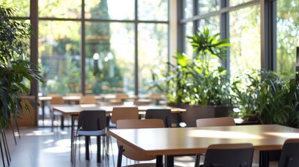 Aufkleber - Blurred indoor view of tables and plants.