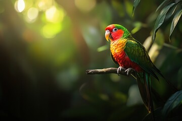 Poster - Colorful parrot rests on branch in dappled sunlight.