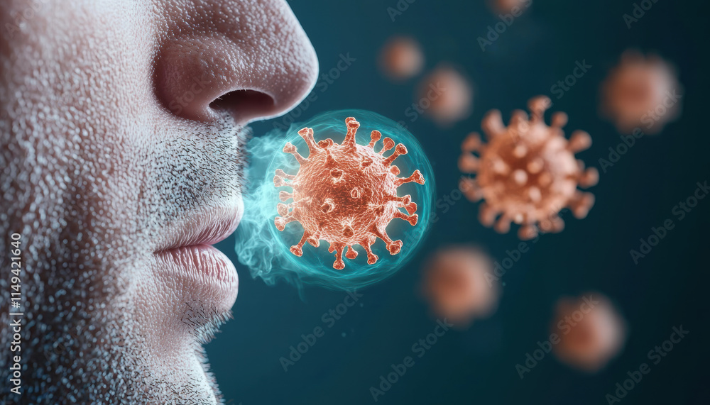 image depicts close up of human nose exhaling mist, with virus ...