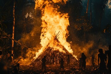 Poster - Large bonfire with figures silhouettes, dark jungle.