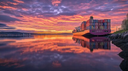 Poster - Cargo ship with containers at sunset on calm water.