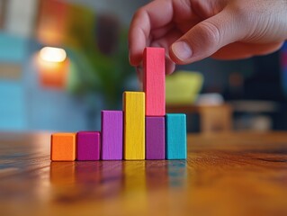Leinwandbilder - Hand stacks colorful blocks like rising bar chart.