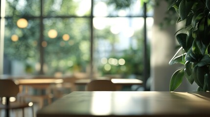 Poster - Blurred cafe interior with wooden furniture, sunlight and leafy plants.