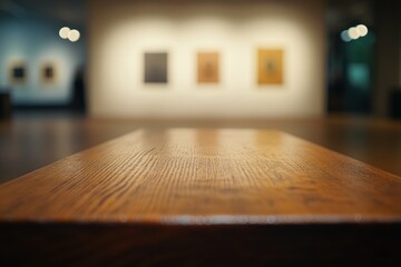 Fototapete - Polished wooden table in art gallery, blurred paintings in background.