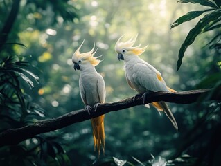 Poster - Two cockatoos perch on branch, jungle backdrop.
