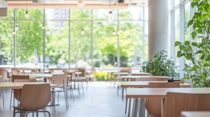 Poster - Blurred cafeteria view with tables, chairs, and leafy plant.