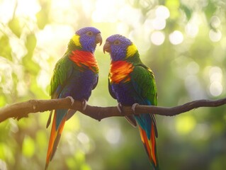 Poster - Two colorful lorikeets perch on branch with sunlit background.