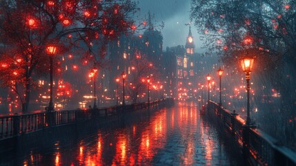 Wall Mural - Rainy night, city street, red lanterns, reflections.