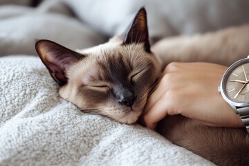 Wall Mural - Cat sleeping peacefully while petted by a person.