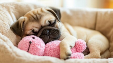 Wall Mural - Sleeping tan puppy with pink toy on beige bed.