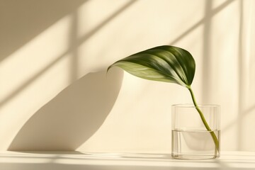Poster - Single leaf in glass, bright light, shadow on wall.