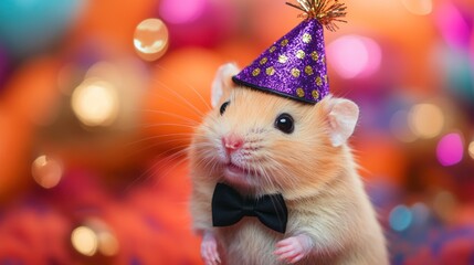 Sticker - Hamster wearing a hat and bow tie, with blurred colorful bokeh background.