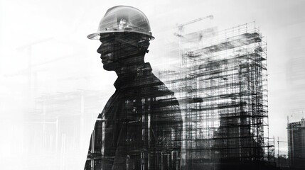 Poster - Worker silhouette with building construction overlay.