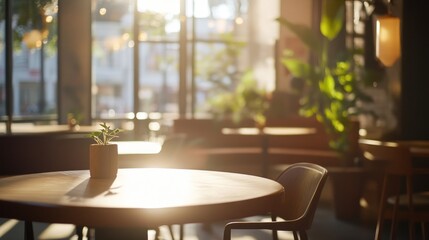 Poster - Sunlight in a cafe, plant on a table, soft focus.