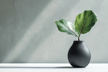 Aufkleber - Fiddle leaf fig branch in a black vase on a white surface, light behind.