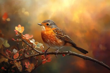 Poster - Robin perched on blooming branch against bokeh.